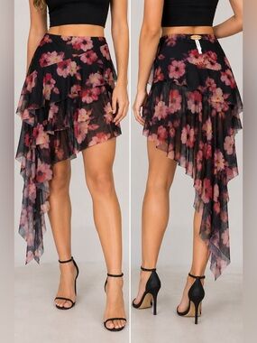 Amber Sky Floral Asymmetrical Ruffle Mesh Skirt Black Pink NWT